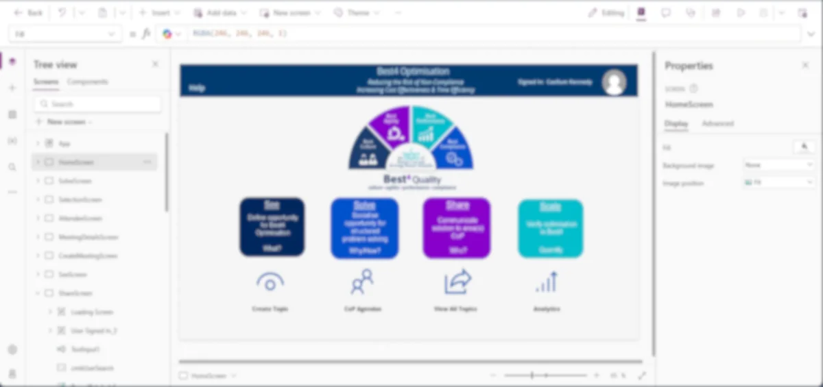 Best4 Optimisation internal Power Apps application at Boston Scientific (blurred for confidentiality)